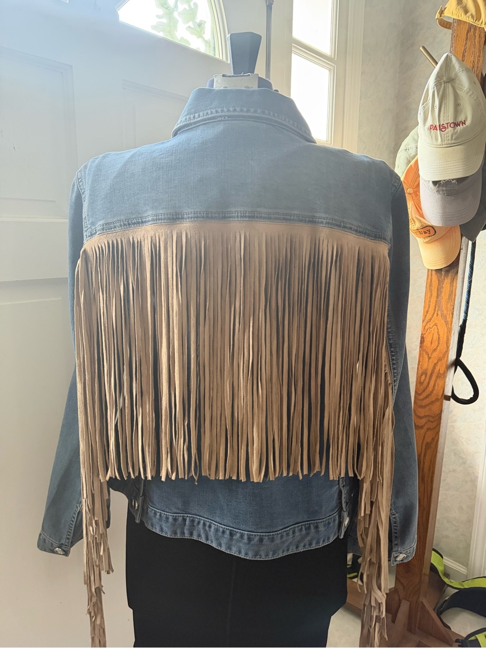 Chico's Blue Denim Jacket with Taupe Fringe